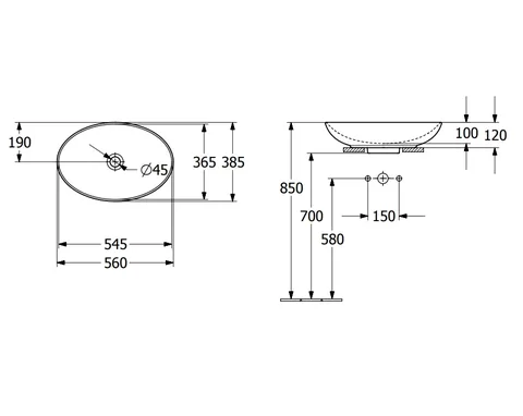 Раковина, Villeroy&Boch, Loop&Friends, шгв 560*380*120, отверстия для смесителя-отсутствуют, CeramicPlus, цвет-Stone White — изображение 1