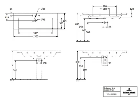 Раковина, Villeroy&Boch, Subway 3.0, шгв 1300*475*120, отверстия для смесителя-отсутствуют, цвет-альпийский белый — изображение 1
