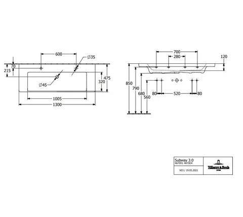 Раковина, Villeroy&Boch, Subway 3.0, шгв 1300*475*120, отверстия для смесителя-2, CeramicPlus, цвет-альпийский белый — изображение 1