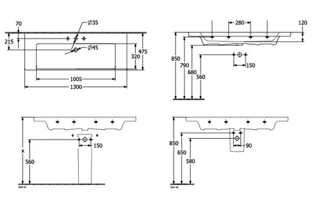 Раковина, Villeroy&Boch, Subway 3.0, шгв 1300*475*120, отверстия для смесителя-1 сквозное, 2 промаркированных, цвет-альпийский белый — изображение 1