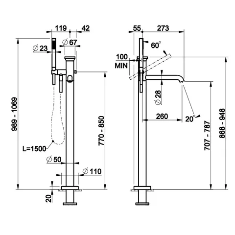 Смеситель для ванны и душа, Gessi, Origini, напольный, цвет-Copper Brushed PVD — изображение 1