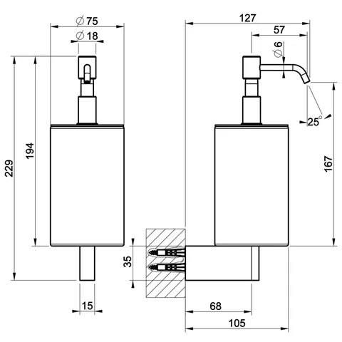 Дозатор для жидкого мыла, Gessi, Origini, шгв 75*127*229, цвет дозатора-Finox Brushed Nickel/чёрный — изображение 1