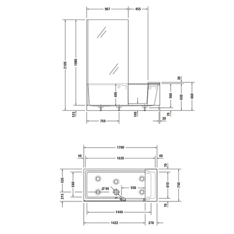 Ванна, Duravit, Shower+Bath, шгв 1700*750*2105, со смонтированной дверцей, угол слева, цвет-белый матовый — изображение 1