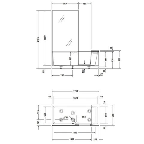 Ванна, Duravit, Shower+Bath, шгв 1700*750*2105, со смонтированной дверцей, стекло в панели слева, цвет-белый матовый — изображение 1