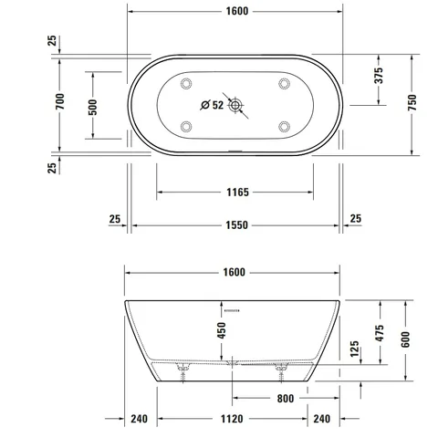Ванна, Duravit, D-Neo, шгв 1600*750*600, с двумя наклонами для спины, цвет-белый матовый — изображение 1