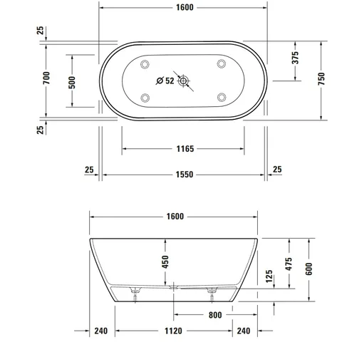 Ванна, Duravit, D-Neo, шгв 1600*750*600, с двумя наклонами для спины, цвет-белый матовый — изображение 1