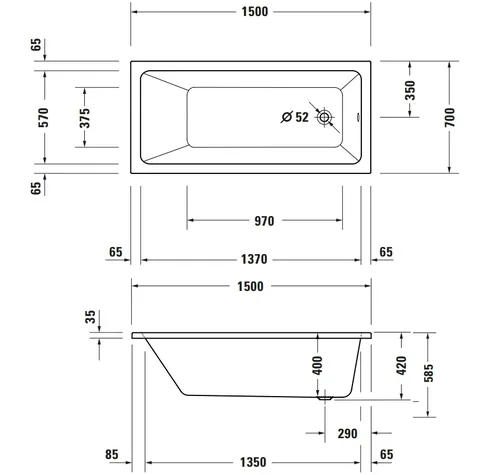 Ванна, Duravit, Duravit No.1, шгв 1500*700*420, с одной наклонной спинкой, цвет-белый — изображение 1