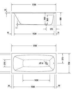Ванна, Duravit, Aurena, шгв 1700*750*460, DuroCast Smooth, цвет-белый матовый — изображение 1
