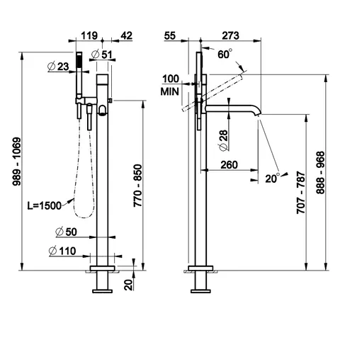 Смеситель для ванны и душа, Gessi, Habito Intreccio, напольный, цвет-Black Metal PVD — изображение 1