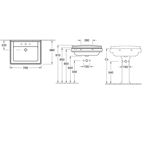 Раковина, Villeroy&Boch, Hommage, шгв 750*580*200, отверстия для смесителя-3, CeramicPlus, цвет-альпийский белый — изображение 1
