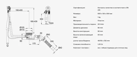 Слив-перелив, Bette, длина троса, мм-725, цвет-хром — изображение 1