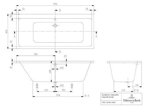 Ванна, Villeroy&Boch, Subway, шгв 1800*800*480, цвет-альпийский белый — изображение 1