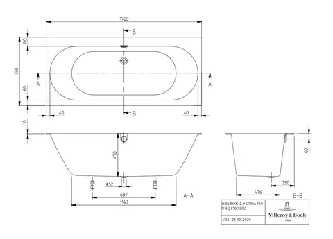 Ванна, Villeroy&Boch, Oberon 2.0, шгв 1700*750*470, цвет-камень белый (Stone White) — изображение 1