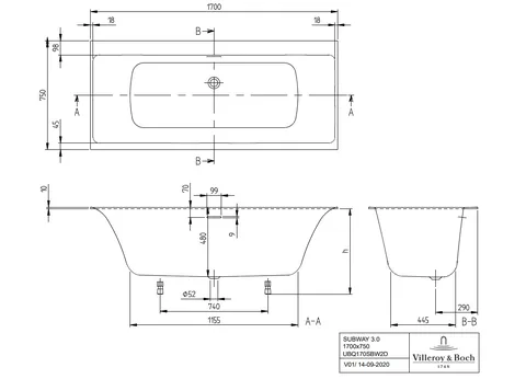Ванна, Villeroy&Boch, Subway 3.0, шгв 1700*750*480, цвет-альпийский белый — изображение 1