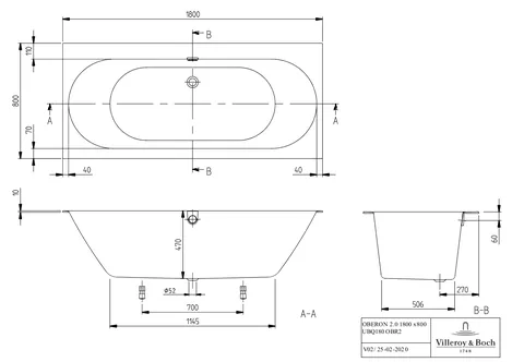 Ванна, Villeroy&Boch, Oberon 2.0, шгв 1800*800*470, цвет-камень белый (Stone White) — изображение 1
