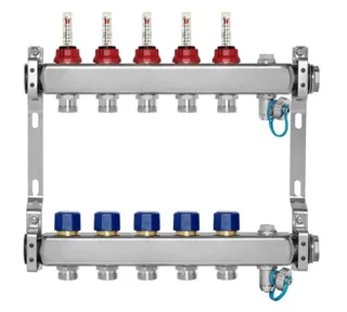 Коллекторная группа, МИВС, WF212A SMART, 1" В, выходы-9, размер отвода-3/4" ЕК, для систем отопления на базе теплого пола, нержавеющая сталь